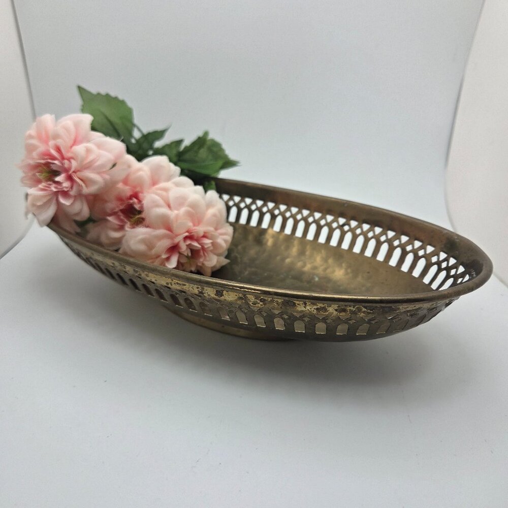 Vintage Brass Oval Shaped Bowl Vanity Tray  Reticulated Design Footed MCM